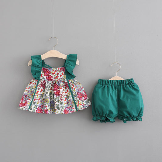 Born Girl Printed Flounced Sleeve Suit Two-piece Set