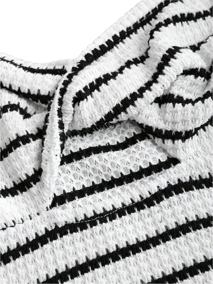 Women's Striped Cut-Out Twist Front Crop Off Shoulder Top