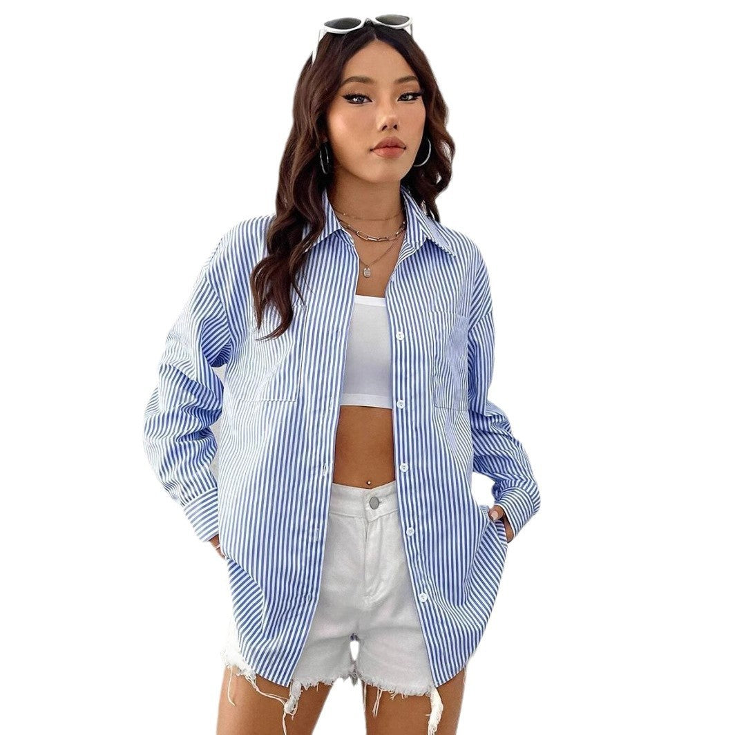 Striped Cardigan Top Loose Casual Long Sleeves Shirt