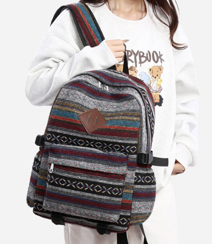 Sac à dos de style ethnique décontracté à carreaux en toile de grande capacité pour étudiantes, sac à dos de voyage tendance