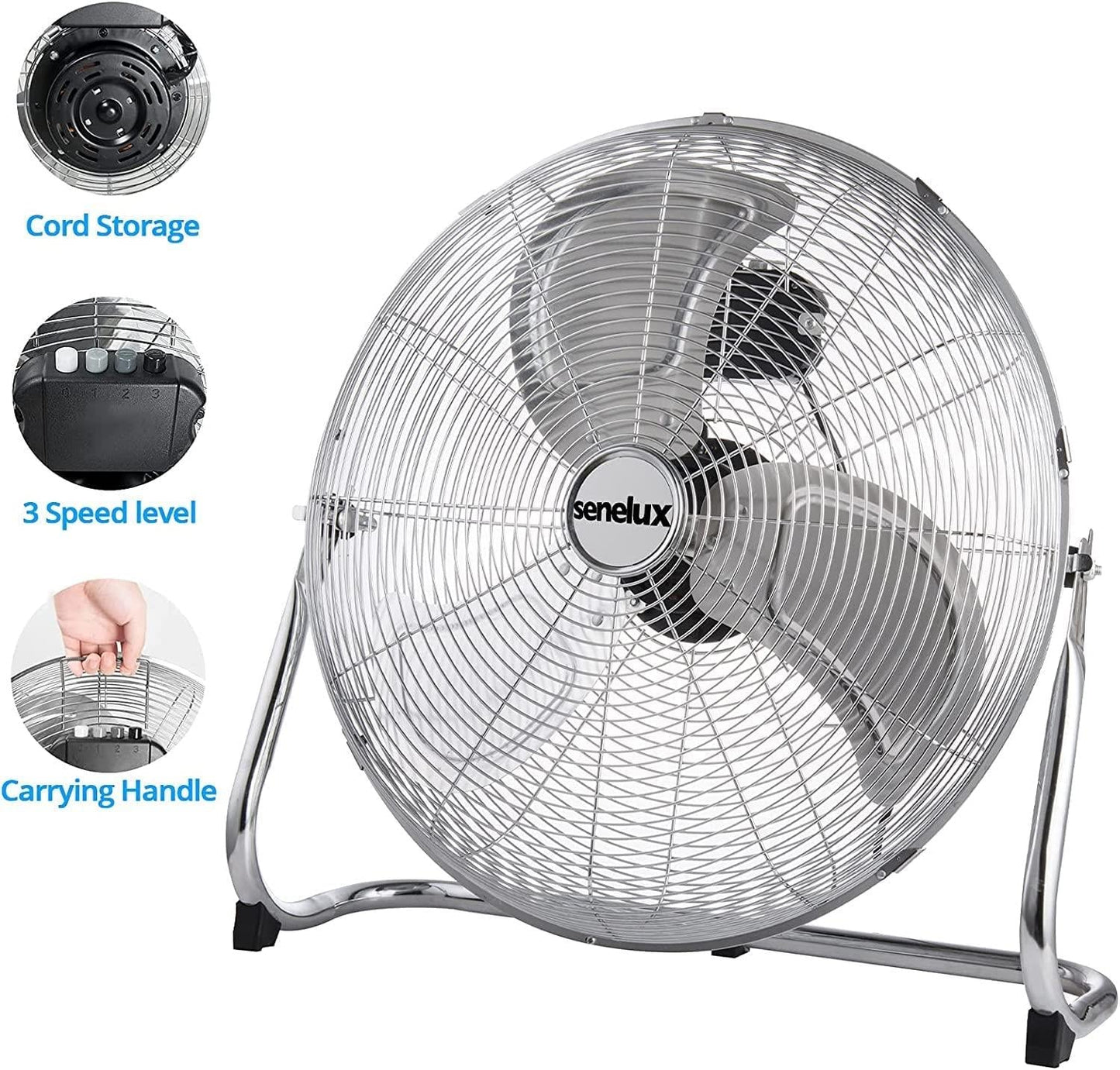 Ventilateur de sol chromé pour maisons, salles de sport, chambres et cuisines | avec 3 vitesses et inclinaison réglable
