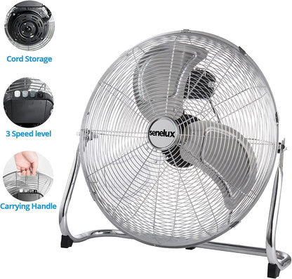 Ventilateur de sol chromé pour maisons, salles de sport, chambres et cuisines | avec 3 vitesses et inclinaison réglable