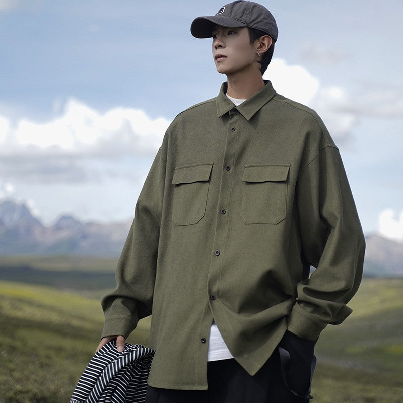 Loose-fitting Trendy Army-green Coat Long-sleeve Shirt