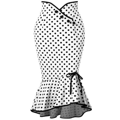 Button Lace-up Polka Dots Half Body Slim-fit Fishtail Skirt