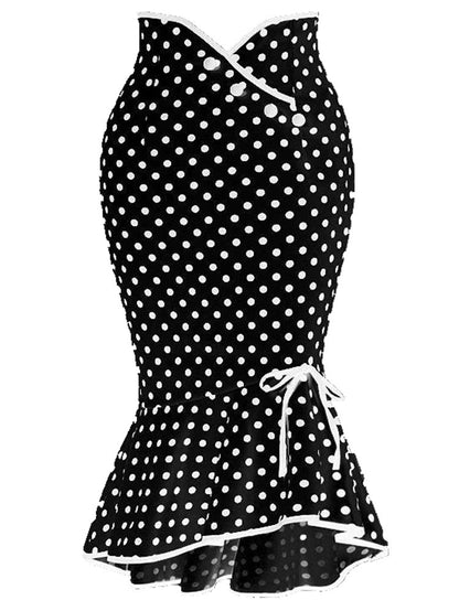 Button Lace-up Polka Dots Half Body Slim-fit Fishtail Skirt