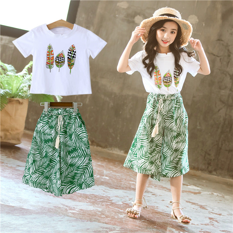 Leaf Printed Wide-leg Pants
