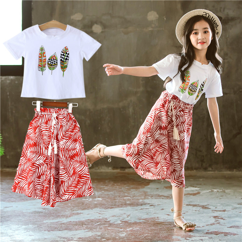 Leaf Printed Wide-leg Pants