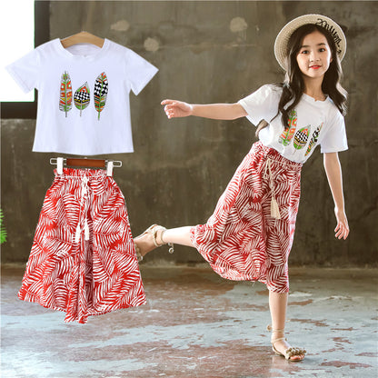 Leaf Printed Wide-leg Pants