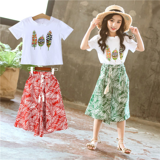 Leaf Printed Wide-leg Pants