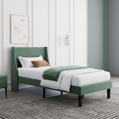 Single Bed Velvet Dark Green Upholstered Bed with Winged Headboard and Wood Slat Supports