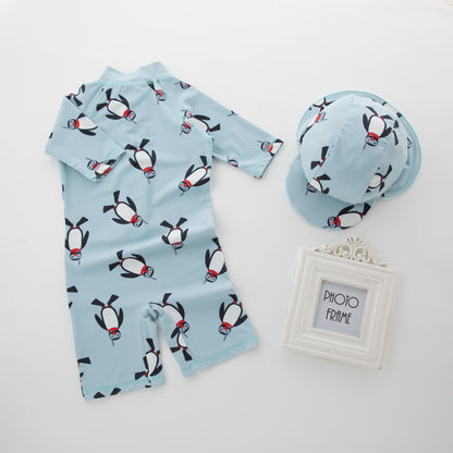 Boy One-piece Long Sleeves Penguin Beach Sun Protection Hot Spring Swimming Cap Swimsuit Two-piece