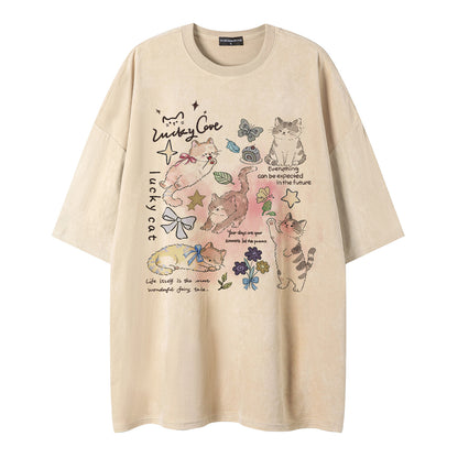 Cat butterfly print short sleeved shirt