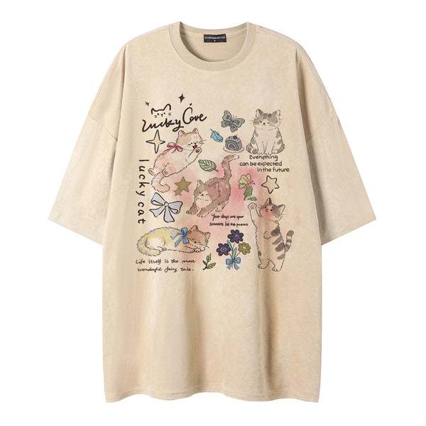 Cat butterfly print short sleeved shirt
