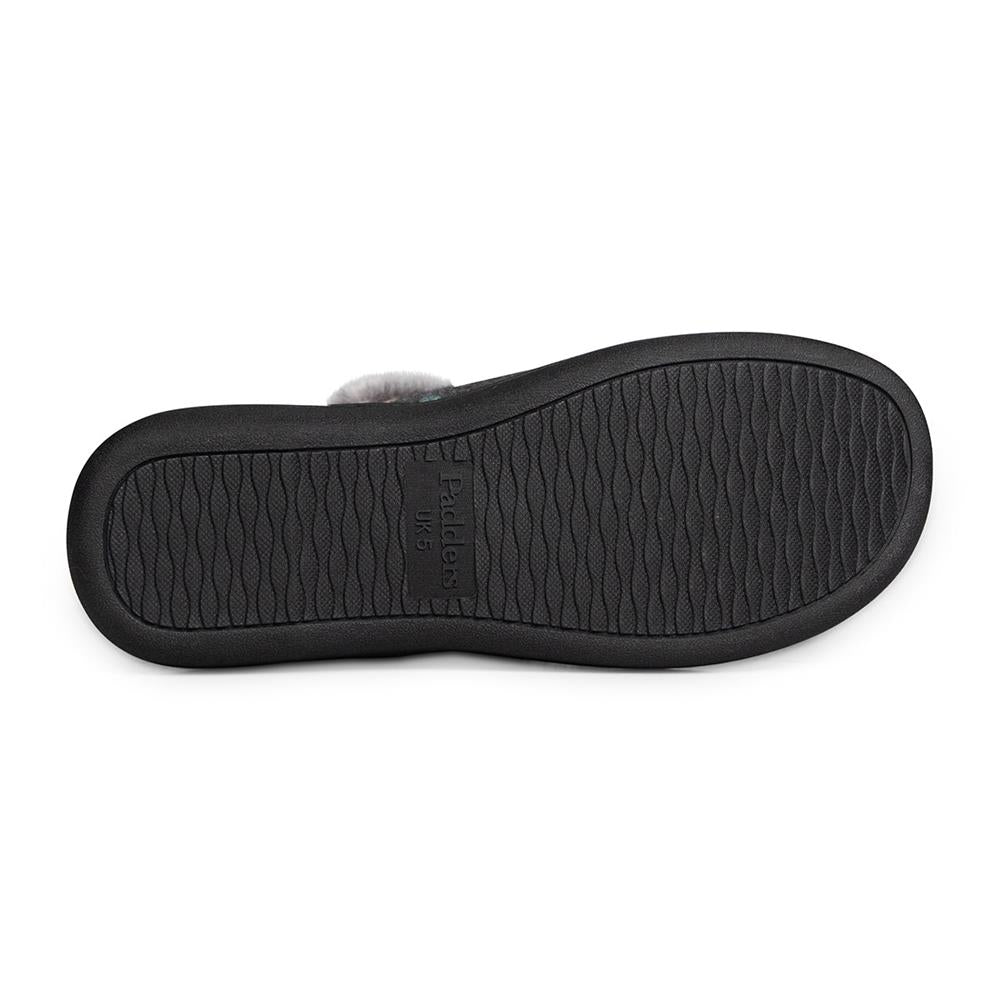 Padders Ladies Slippers 2E Side Stitched Washable DORA - CHARCOAL WOVEN SPOT