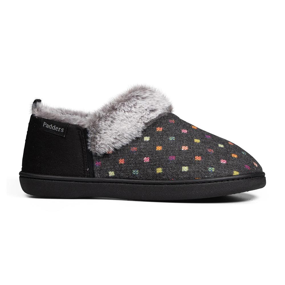 Padders Ladies Slippers 2E Side Stitched Washable DORA - CHARCOAL WOVEN SPOT