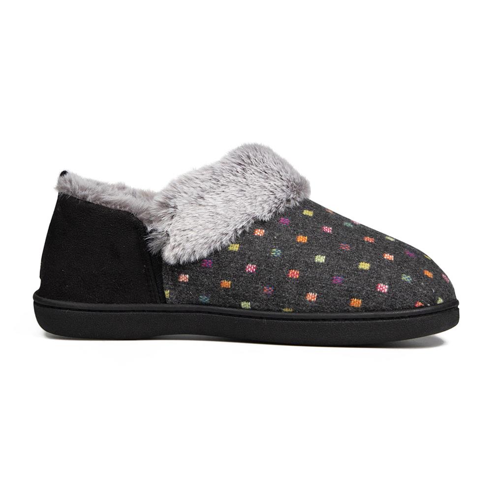 Padders Ladies Slippers 2E Side Stitched Washable DORA - CHARCOAL WOVEN SPOT