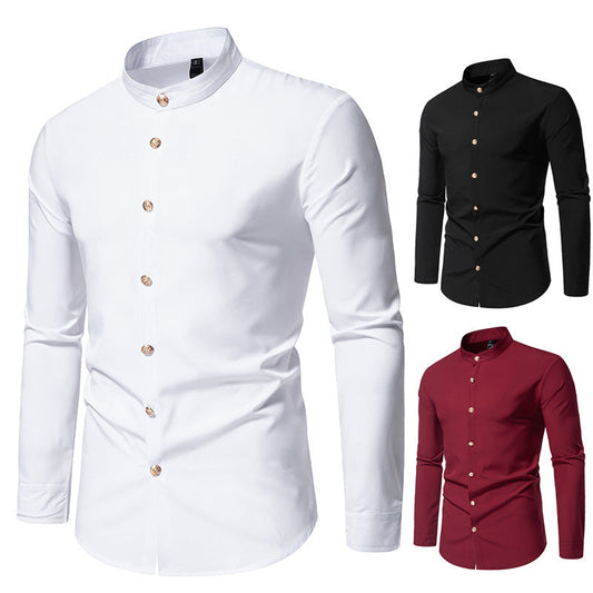Chemise de soirée unie pour homme à manches longues avec boutons métalliques