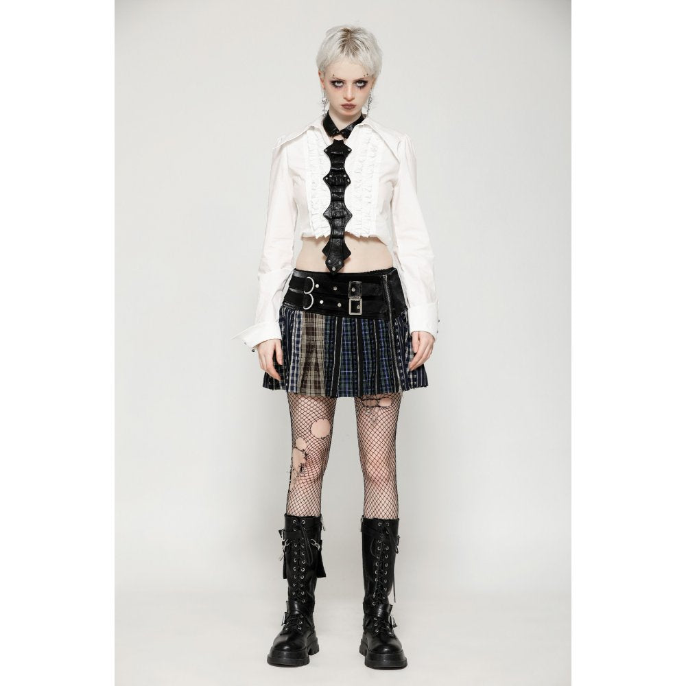 Mini-jupe plissée Dark in Love en patchwork tartan sauge et taille en cuir