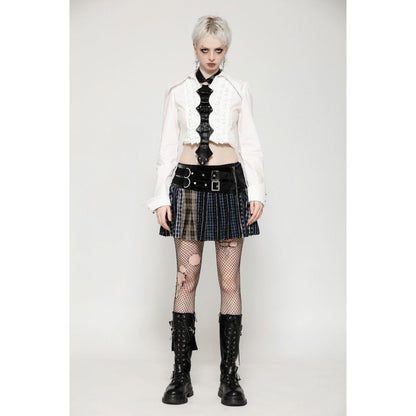 Mini-jupe plissée Dark in Love en patchwork tartan sauge et taille en cuir