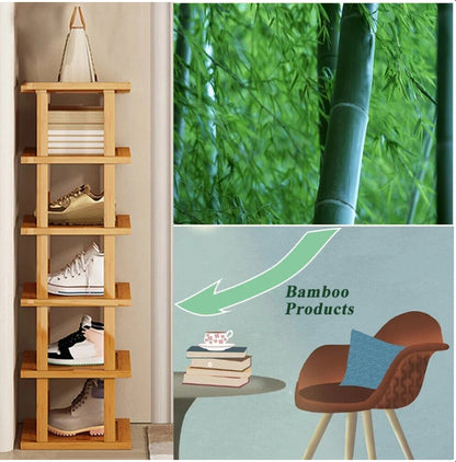 6-Tier Bamboo Shoe Rack - Vertical Space Saving Shoe Organizer Corner Shelf UK