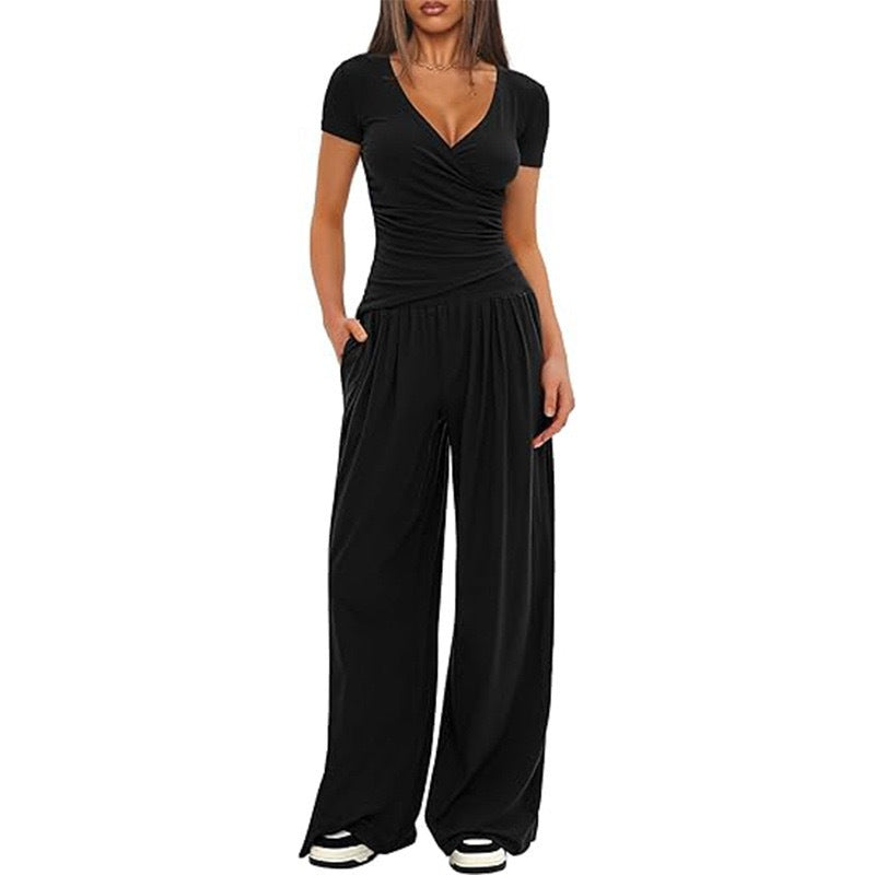 Women's Short Sleeve Sportswear & Wide Leg Pants Set