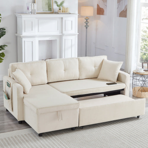 L-Shaped Pull Out Sleep Sofabed, Modern Reversible Sleeper Sectional Sofa, 3 In 1 Convertible Sofa Bed With Storage Chaise, Drop-Down Table, Cup Holders And Charging Ports