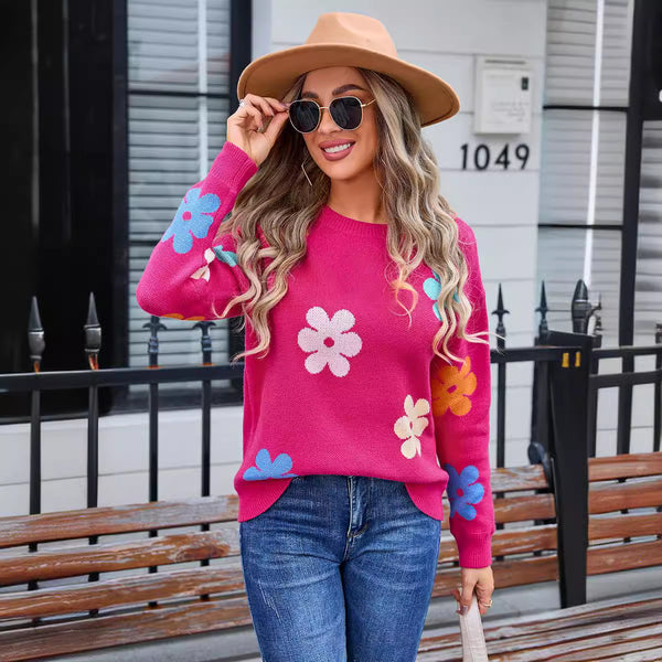 Women's Sweater Flowers Color-block Crew Neck - Stuffs & Savers