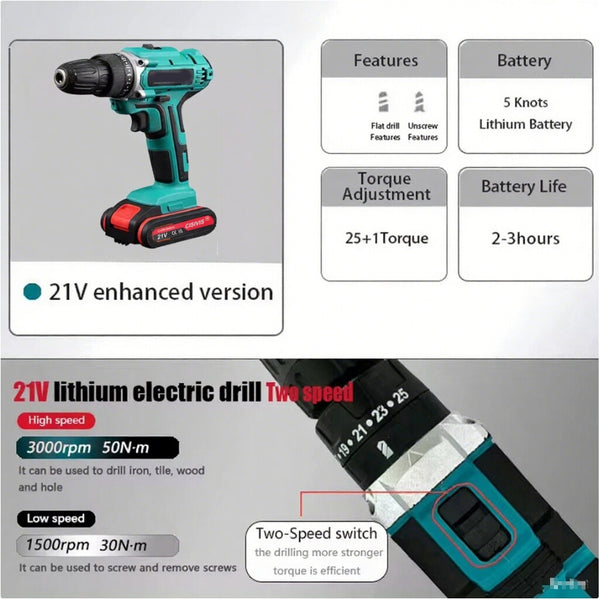 21V Cordless Drill Kit with 2 Batteries