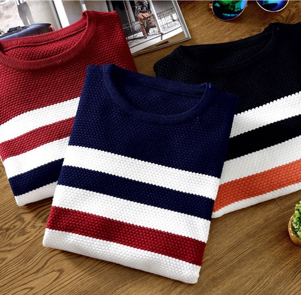 Mens Round neck striped knit sweater - Stuffs & Savers