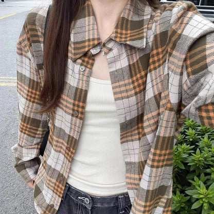 Style Plaid Shirt Women's Casual Loose Fit Polo Collar Long Sleeve