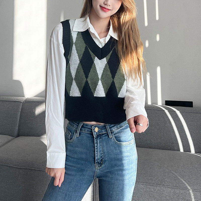 Vintage Diamond Pattern Sleeveless V-Neck Knit Vest