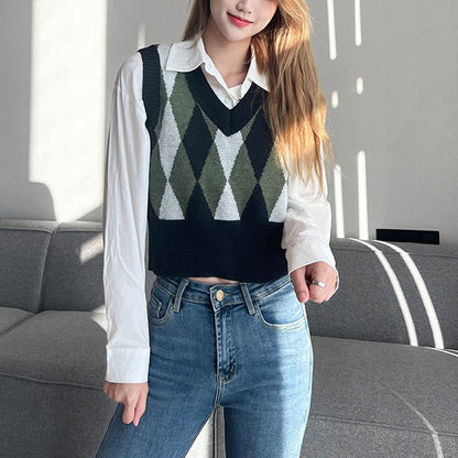 Vintage Diamond Pattern Sleeveless V-Neck Knit Vest