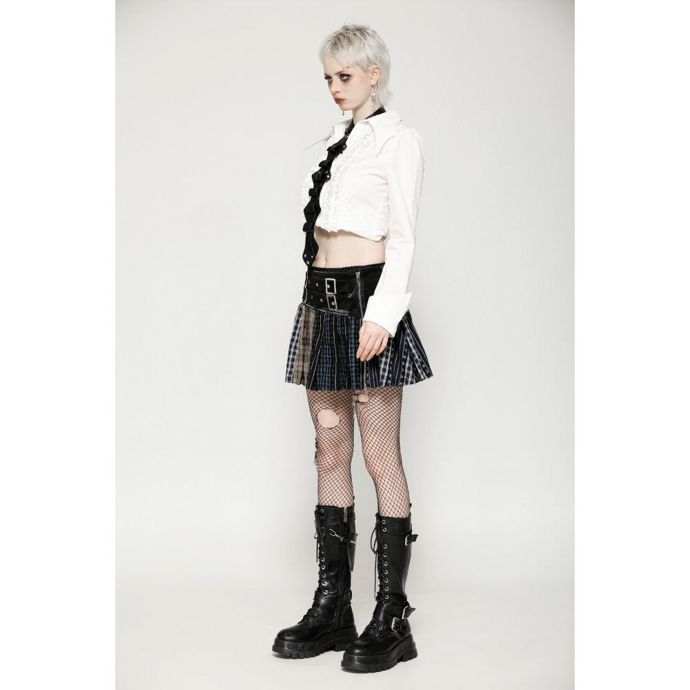 Mini-jupe plissée Dark in Love en patchwork tartan sauge et taille en cuir