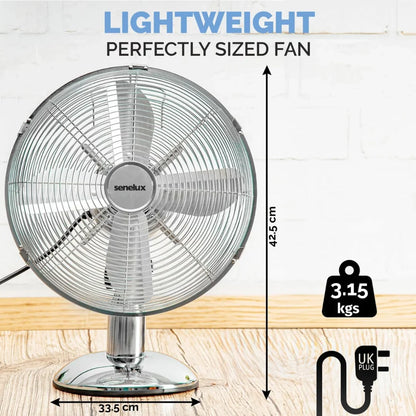 Senelux 12 inch Chrome Desk Fan; Great for Home Cooling and Comfort in Bedrooms, Living Rooms and Offices