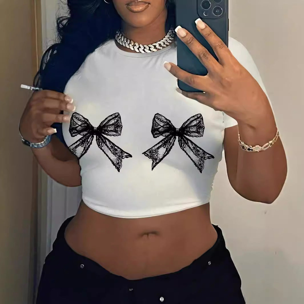 T-shirt décontracté simple à col rond avec nœud en dentelle imprimé à manches courtes