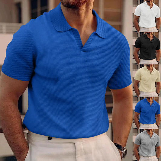 Waffle Lapel Short-sleeved V T-shirts