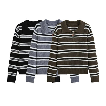 Women's Striped Long Sleeve Polo Knit Top