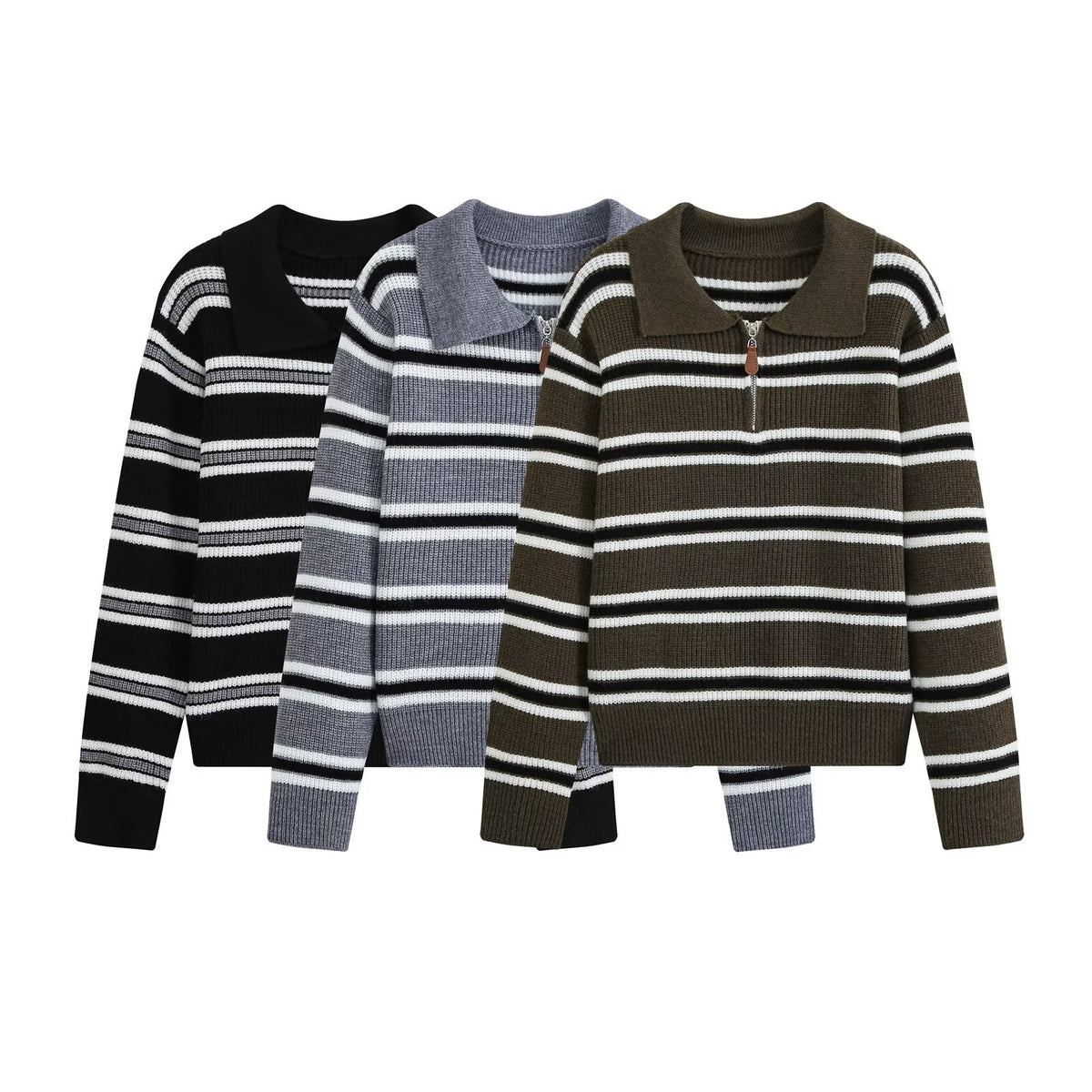 Women's Striped Long Sleeve Polo Knit Top