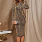 Women's Slim-Fit Round Neck Midi Dress | Long Sleeve Elastic Waist | Gold
