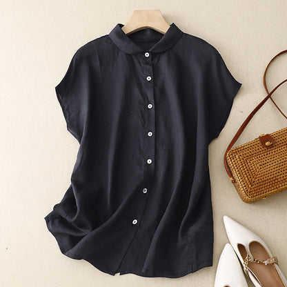Cotton-Linen Plus-Size Loose Artistic Small Turn-Down Collar Shirt