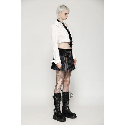 Mini-jupe plissée Dark in Love en patchwork tartan sauge et taille en cuir