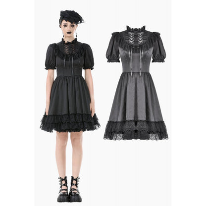 Robe Gothique Noire Dark in Love Belladonna à Manches Bouffantes et Col Montant Lacé