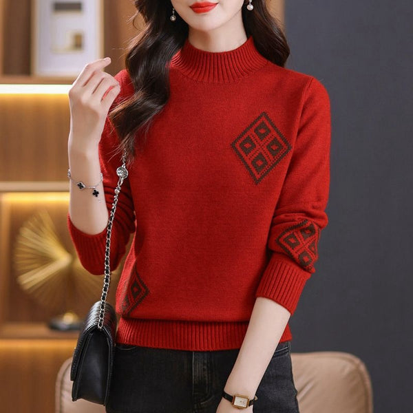 Womens Mock Neck Sweater Top Plaid Colorblock Knitted - Stuffs & Savers