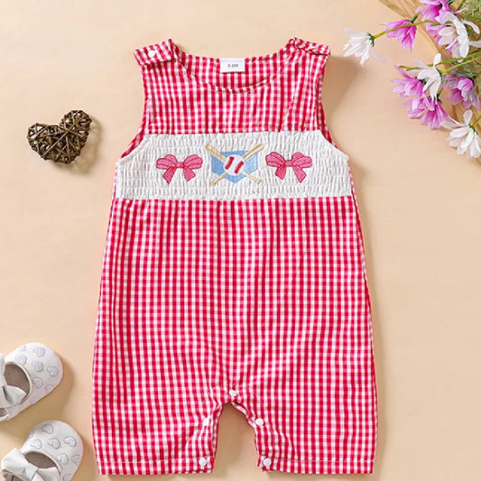 Girls' Embroidered Plaid Jumpsuit