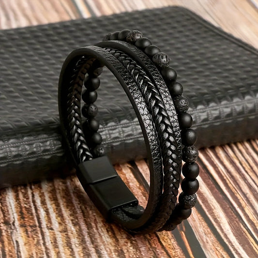 1pc Bracelet Homme Perles Œil de Tigre Unique Superposé Tressé Cuir Synthétique Mode Quotidienne