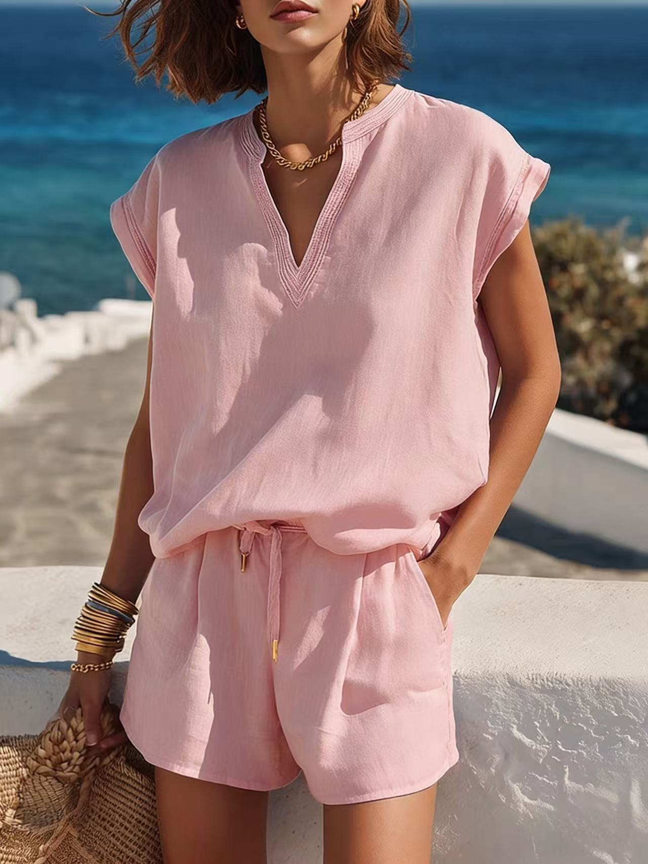 Casual Resort-style Top And Shorts Set