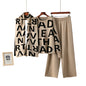 Elegant Women’s Knitted Suit – Letter Shawl, Woolen Round Neck Top & Casual Wide-Leg Pants