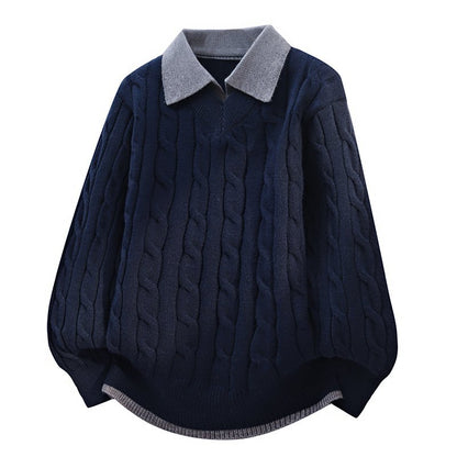 Two-Piece Sweater with Spliced Shirt Collar