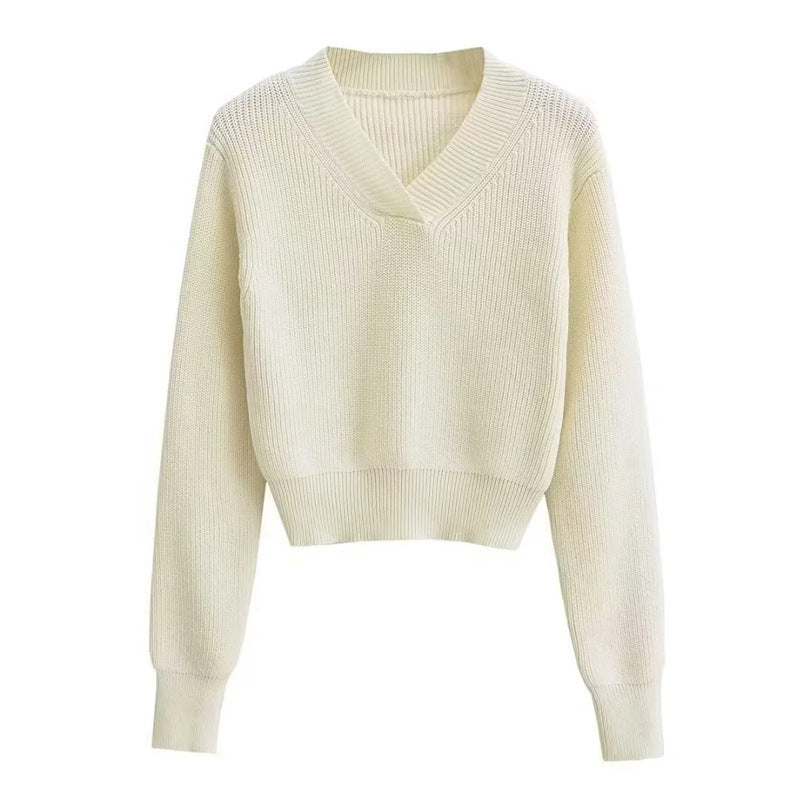 V-neck Thick Pullover Cropped Sweater