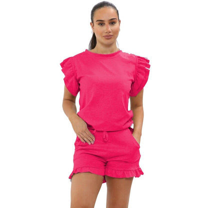 Ensemble Haut à Manches Volants Peplum & Short pour Femme – Tenue de Survêtement Décontractée 2 Pièces